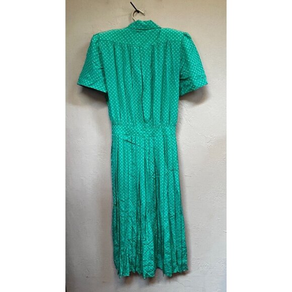 Nordstrom Point Of View Vintage Green Polka Dot Silk Pleated Faux Wrap Dress 8 - Picture 2 of 9